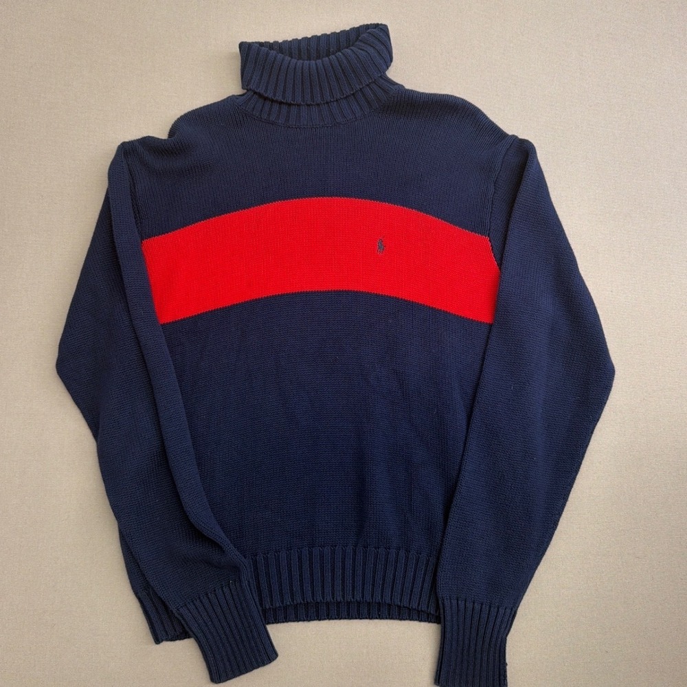 Polo Ralph Lauren Mens XL Turtleneck Sweater‎ Navy Blue Red Stripe Cotton Knit